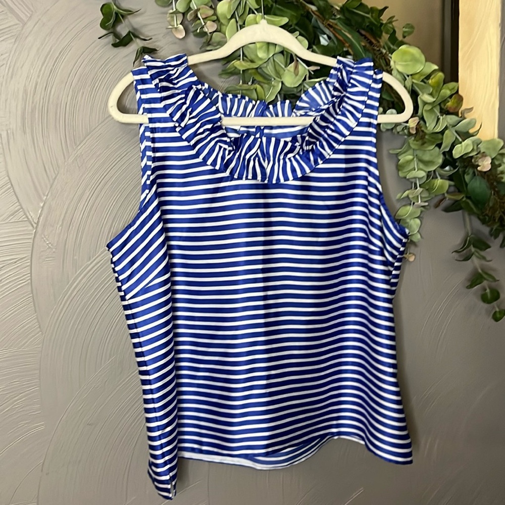 Talbots Blue and White Ruffled Tank Top